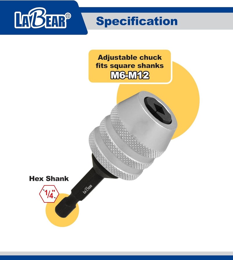 LABEAR Adjustable Tap Chuck M6–M12, Keyless Quick Change Tap Holder, 1/4" Hex Shank Tap Adapter for Drill Driver, Cr-V Steel Heavy Duty Threading Tool for Auto Repair & Metalworking - Image 3